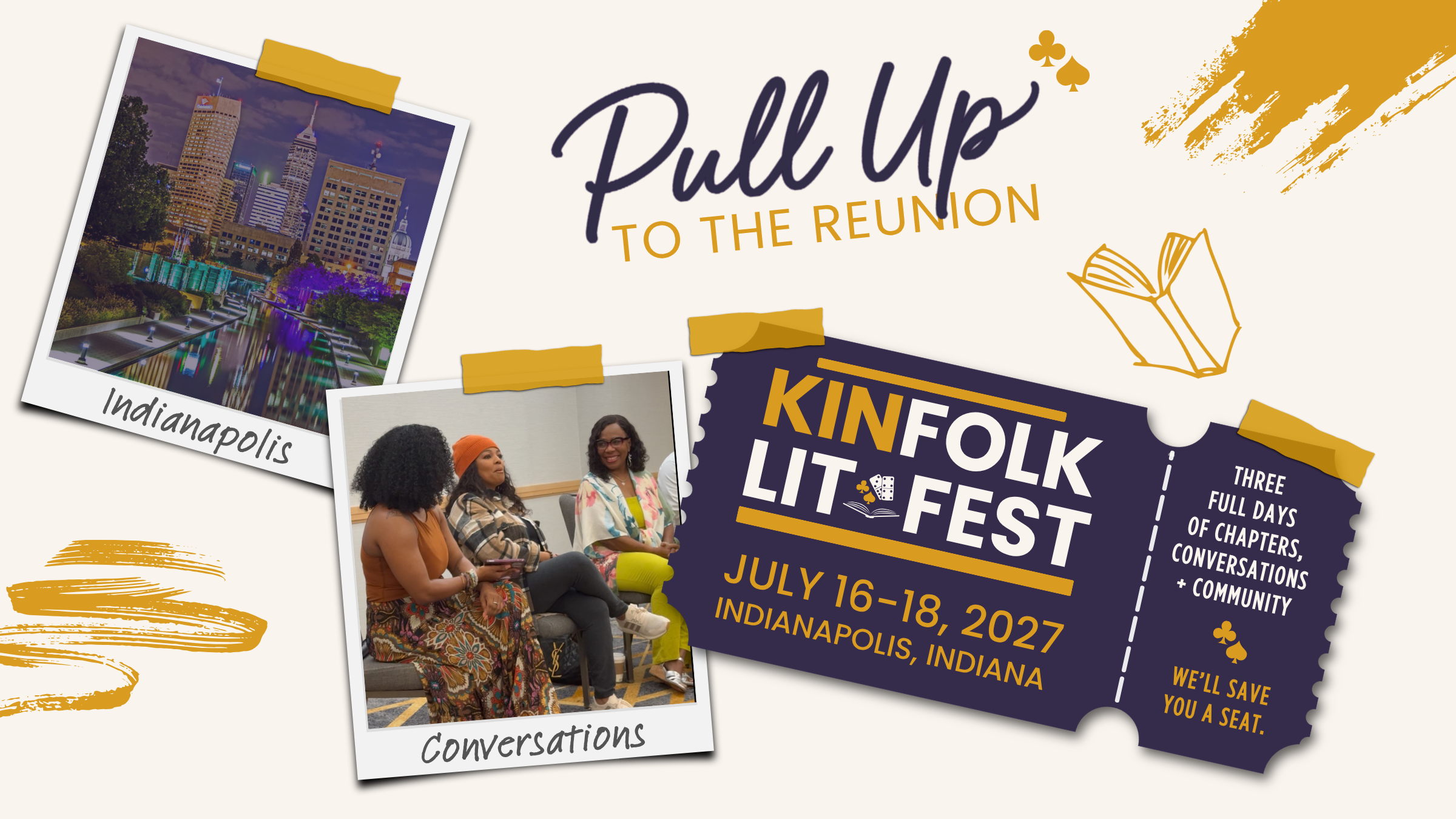 Kinfolk Lit Fest 2027 registration graphic featuring Indianapolis, literary conversations and a festival ticket